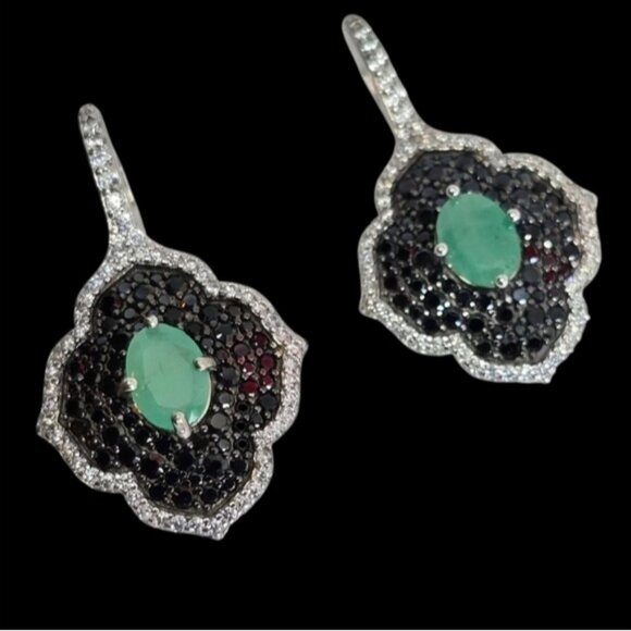 925 Sterling Silver Earrings with Natural Emerald 9x7mm & Blk Spinel Gems - Picture 1 of 8